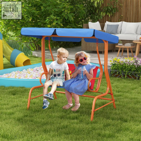 Outsunny two seater kids swing chair with orange metal frame, blue adjustable canopy, and red cushioned seat for outdoors