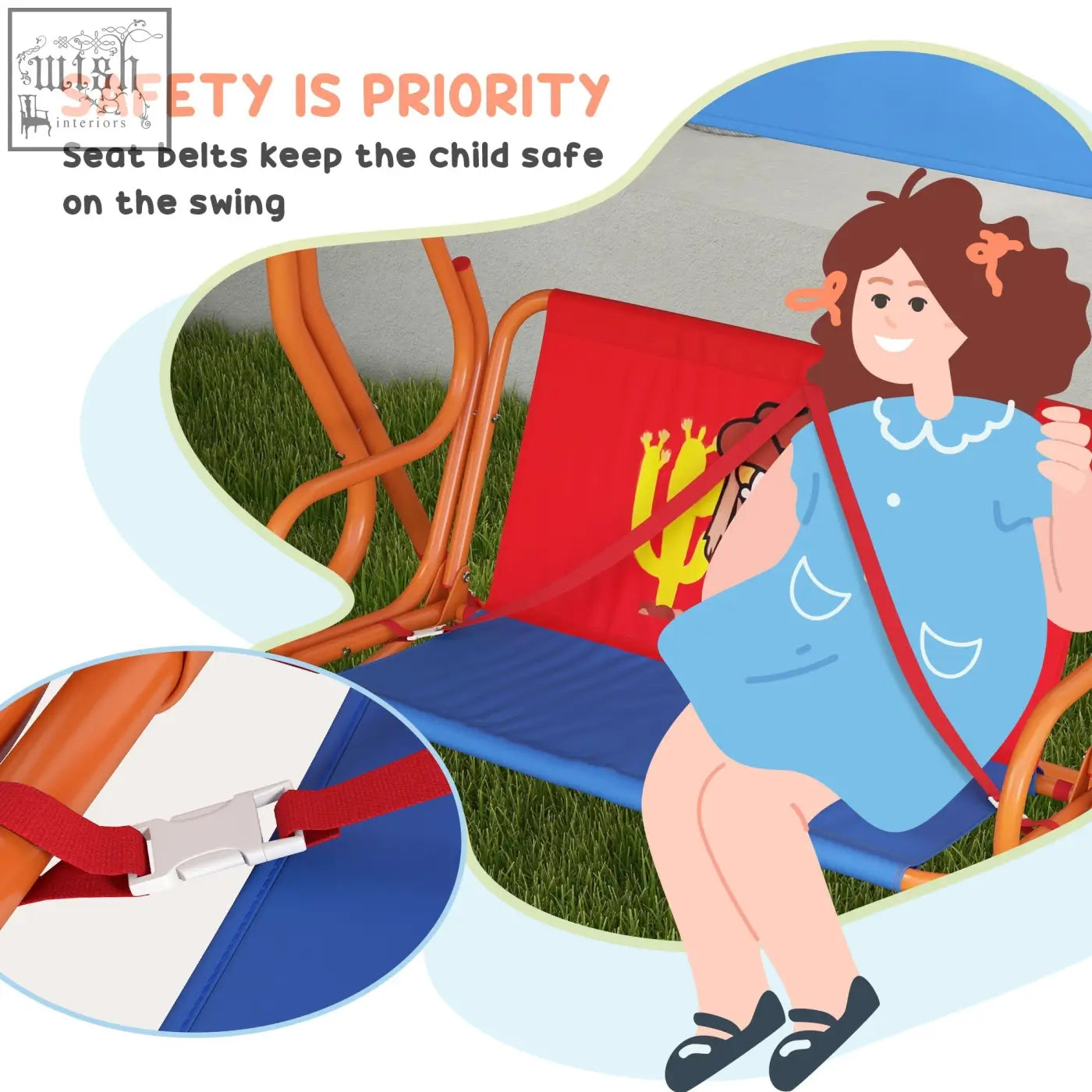 Red seat belt with white plastic buckle on outsunny cowboy themed kids swing chair with adjustable canopy for safety