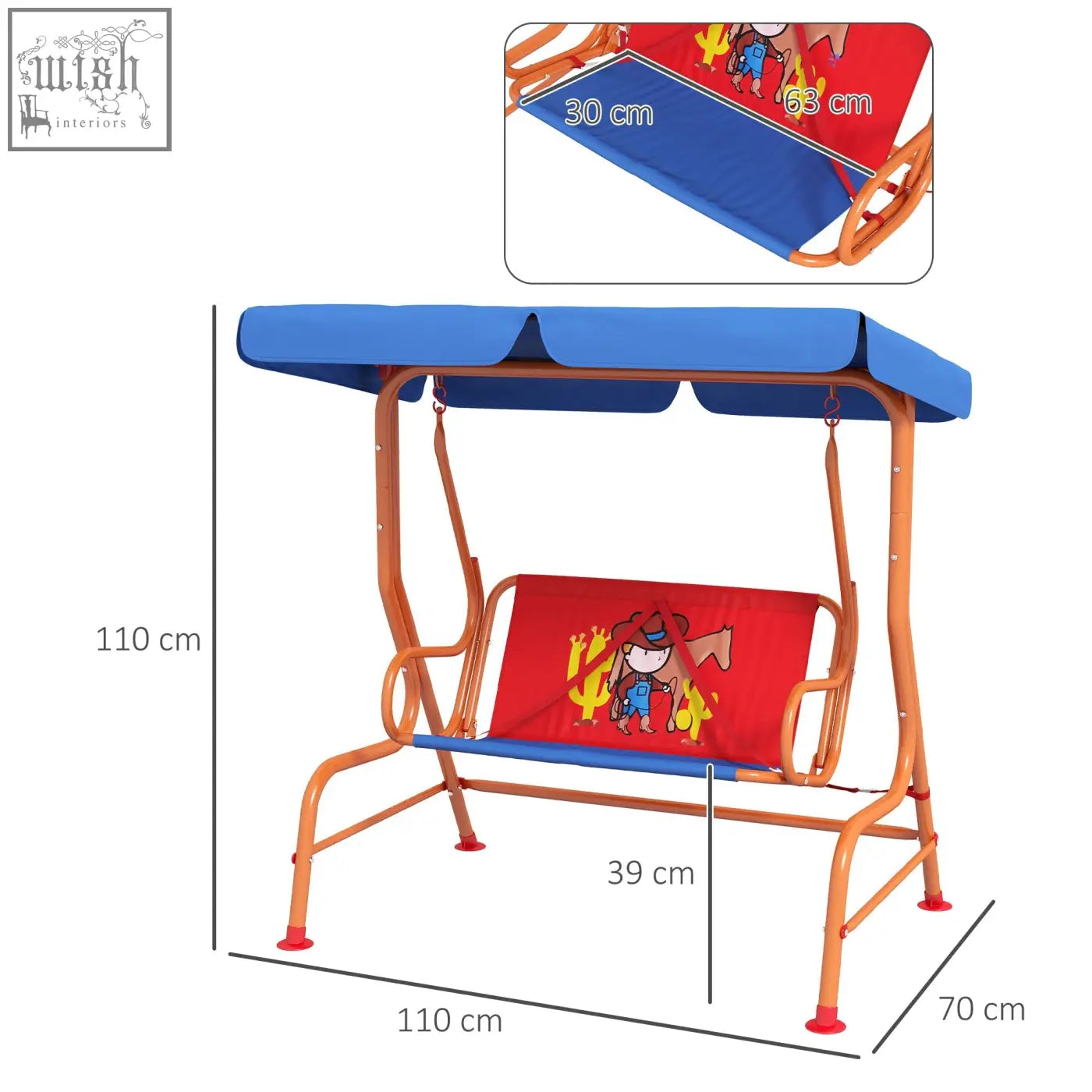 Orange metal frame kids swing chair with blue adjustable canopy and red cowboy cushion for outdoor use