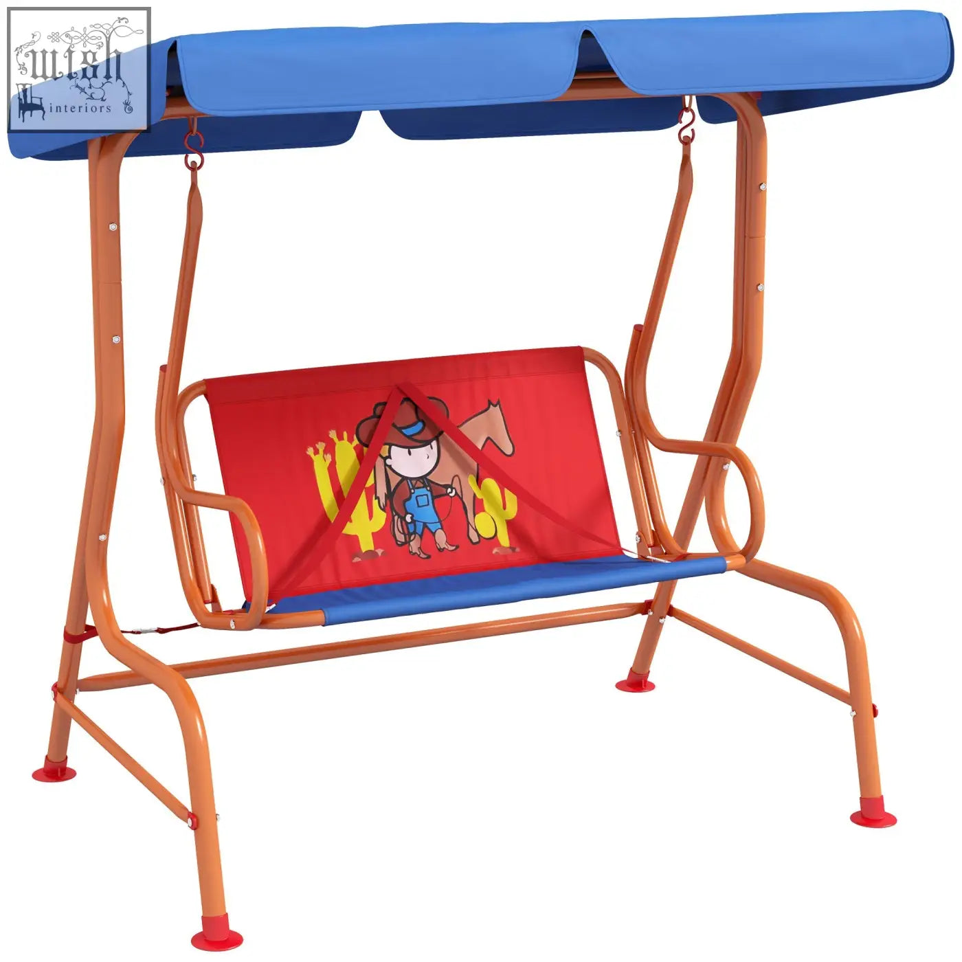 Blue and red kids swing chair with cowboy design featuring adjustable canopy and safety belts for outdoor use