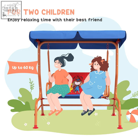 Outsunny two seater kids swing chair with blue adjustable canopy orange metal frame and safety belts for outdoor use