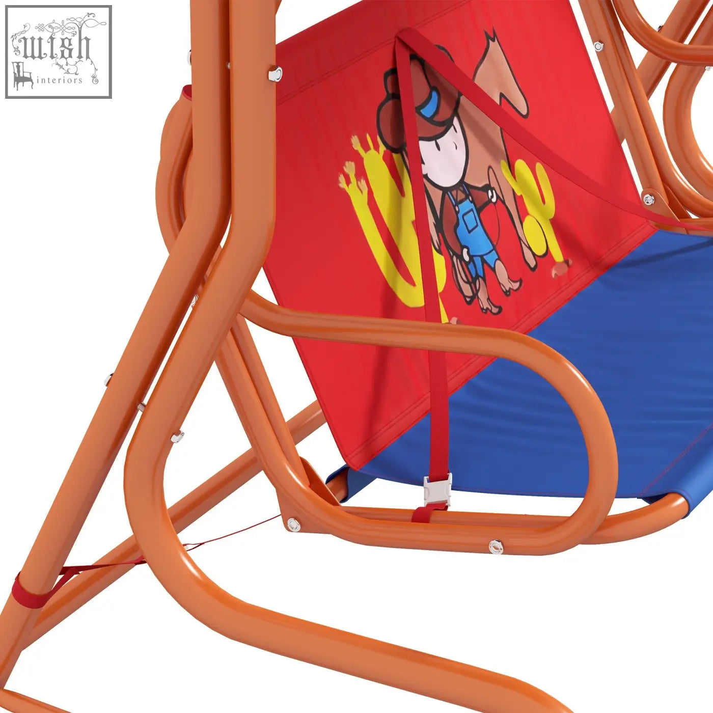 Outsunny two seater kids swing chair with orange metal frame, red and blue fabric, cowboy design, and adjustable canopy