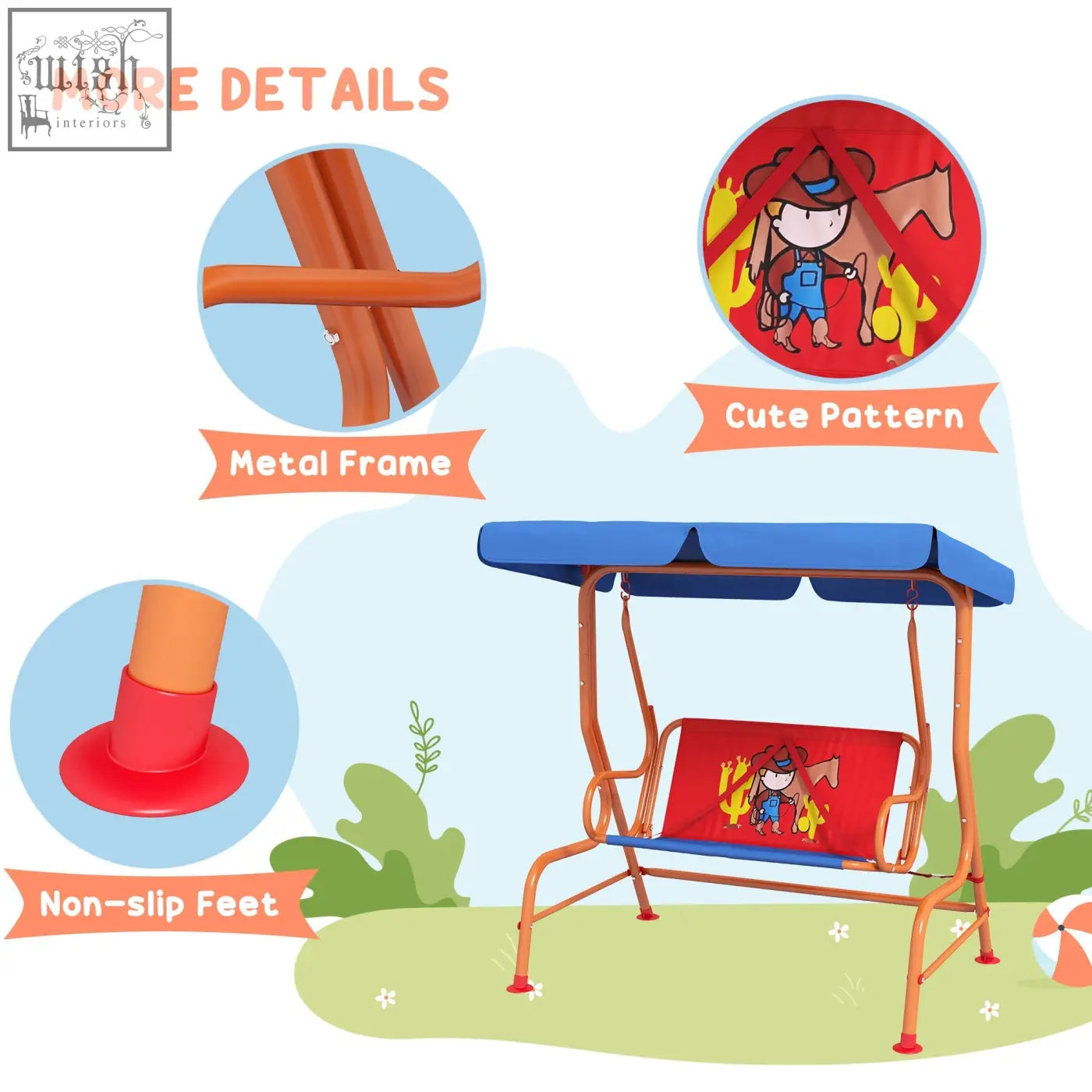 Outsunny two seater kids swing chair with orange metal frame, blue adjustable canopy, and red cowboy cushion for outdoors