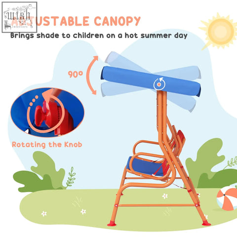 Orange metal kids swing chair with blue adjustable canopy and red accents by Outsunny for outdoor use
