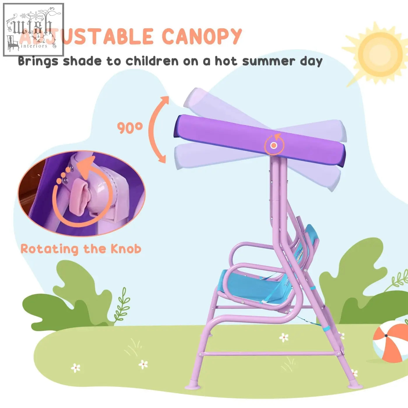 Outsunny two seater kids swing chair with purple and blue adjustable canopy and rotating knob mechanism for outdoor use