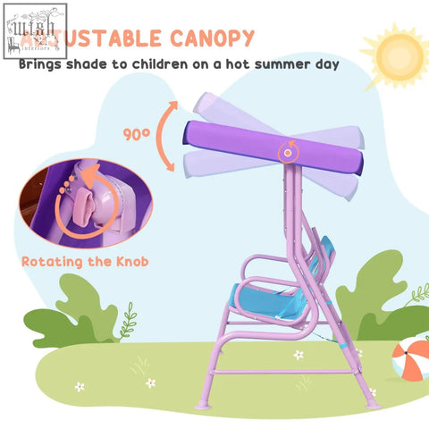Outsunny two seater kids swing chair with purple and blue adjustable canopy and rotating knob mechanism for outdoor use