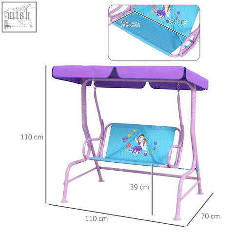 Purple and blue outsunny two seater kids swing chair with cartoon fairy design adjustable canopy and safety belts