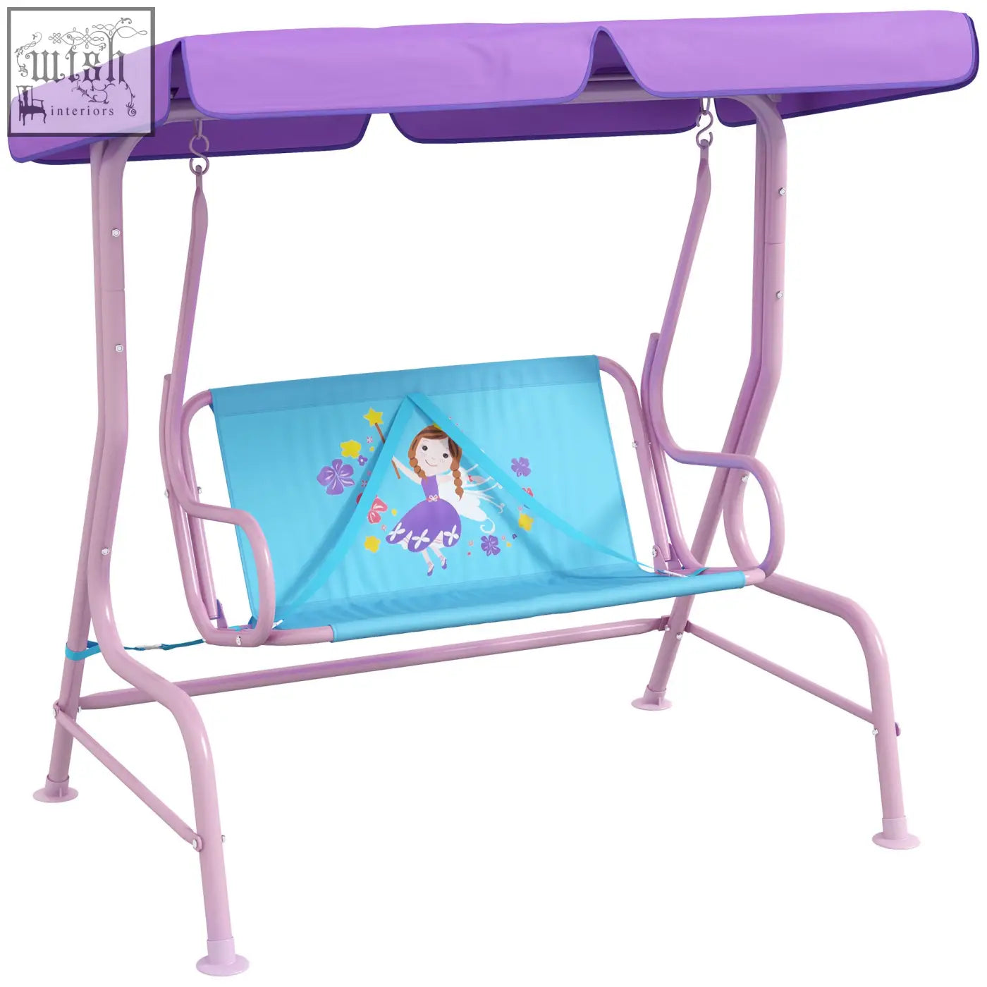 Outsunny kids swing chair in purple and blue with fairy design seat, adjustable canopy, and safety belts for outdoor use