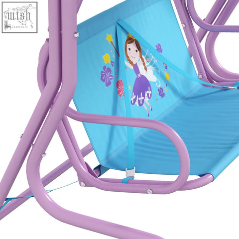 Outsunny purple metal-framed kids swing chair with light blue fairy seat and adjustable canopy for outdoor use