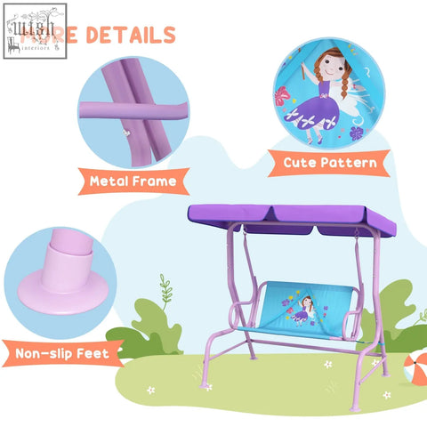 Outsunny two seater kids swing chair with purple metal frame blue fairy patterned cushion and adjustable canopy