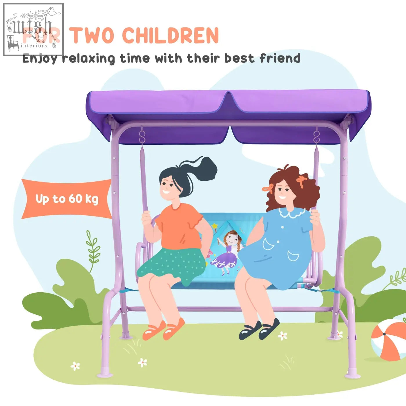 Outsunny purple metal kids swing chair with adjustable canopy and safety belts for outdoor use, two seater swing chair