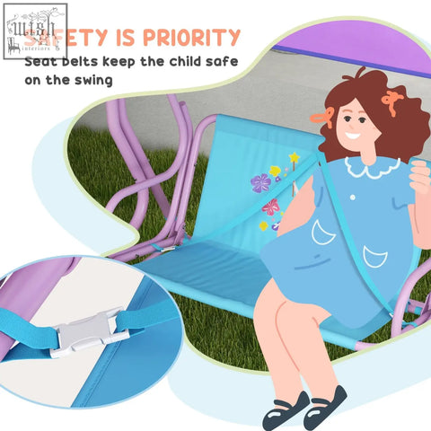Purple metal kids swing chair with blue floral padded seat harness straps and adjustable canopy for outdoor use
