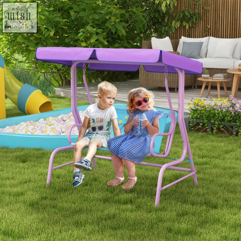 Outsunny purple metal kids swing chair with adjustable canopy and safety belts featuring two children seated outdoors