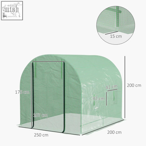 Light green translucent garden polytunnel greenhouse with steel frame mesh sides and large roll-up door