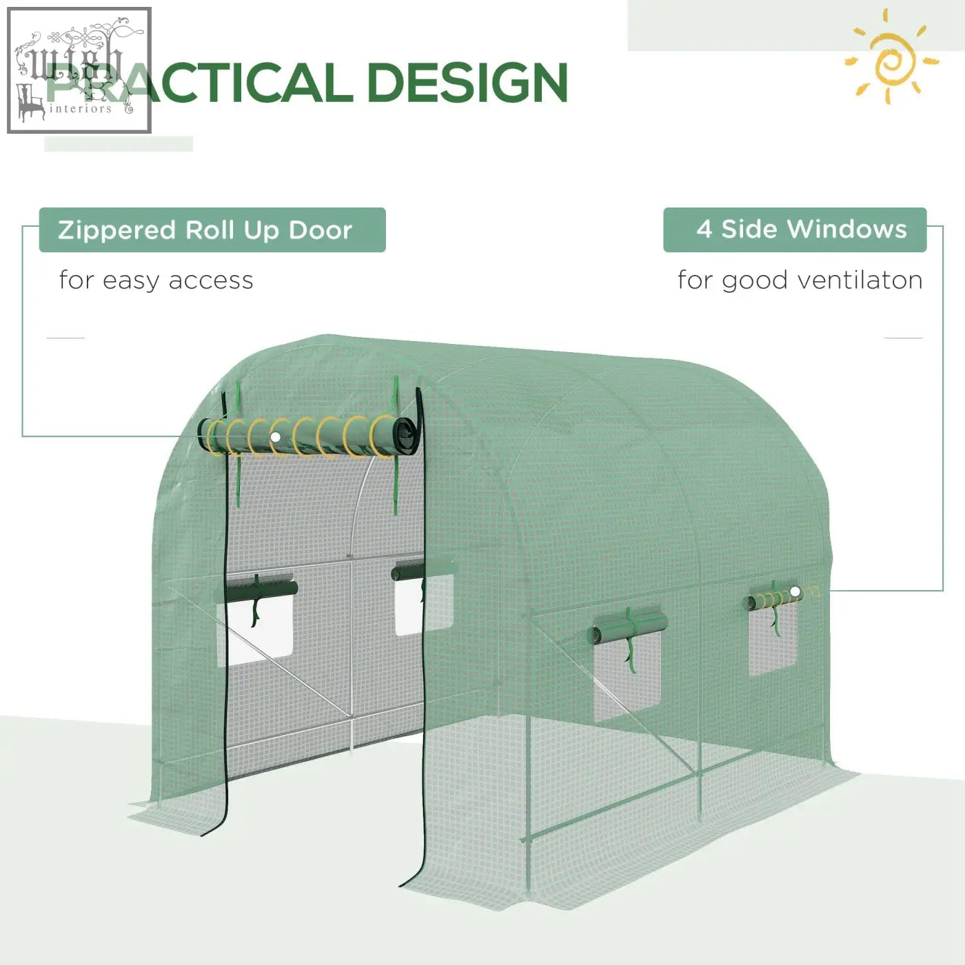 Outsunny green garden polytunnel greenhouse with steel frame, large roll-up door, and four side windows