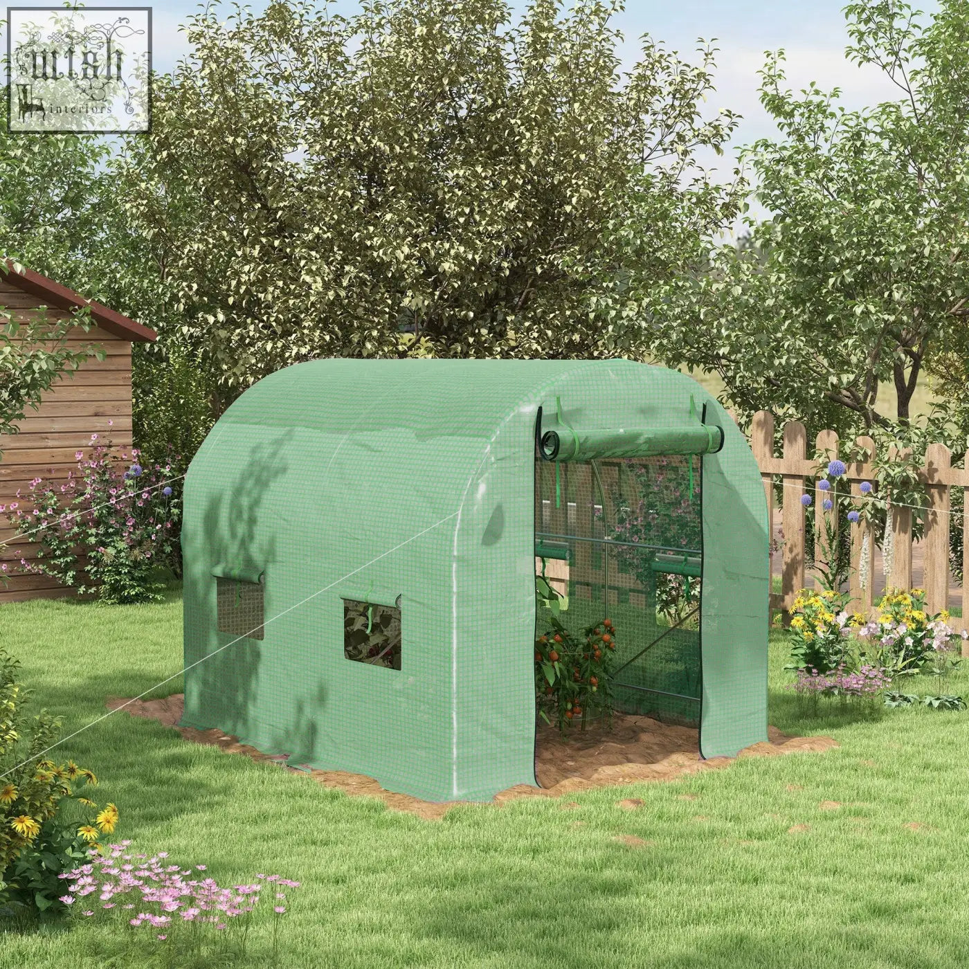 Green arched garden polytunnel greenhouse with steel frame mesh windows and large roll-up door for easy access