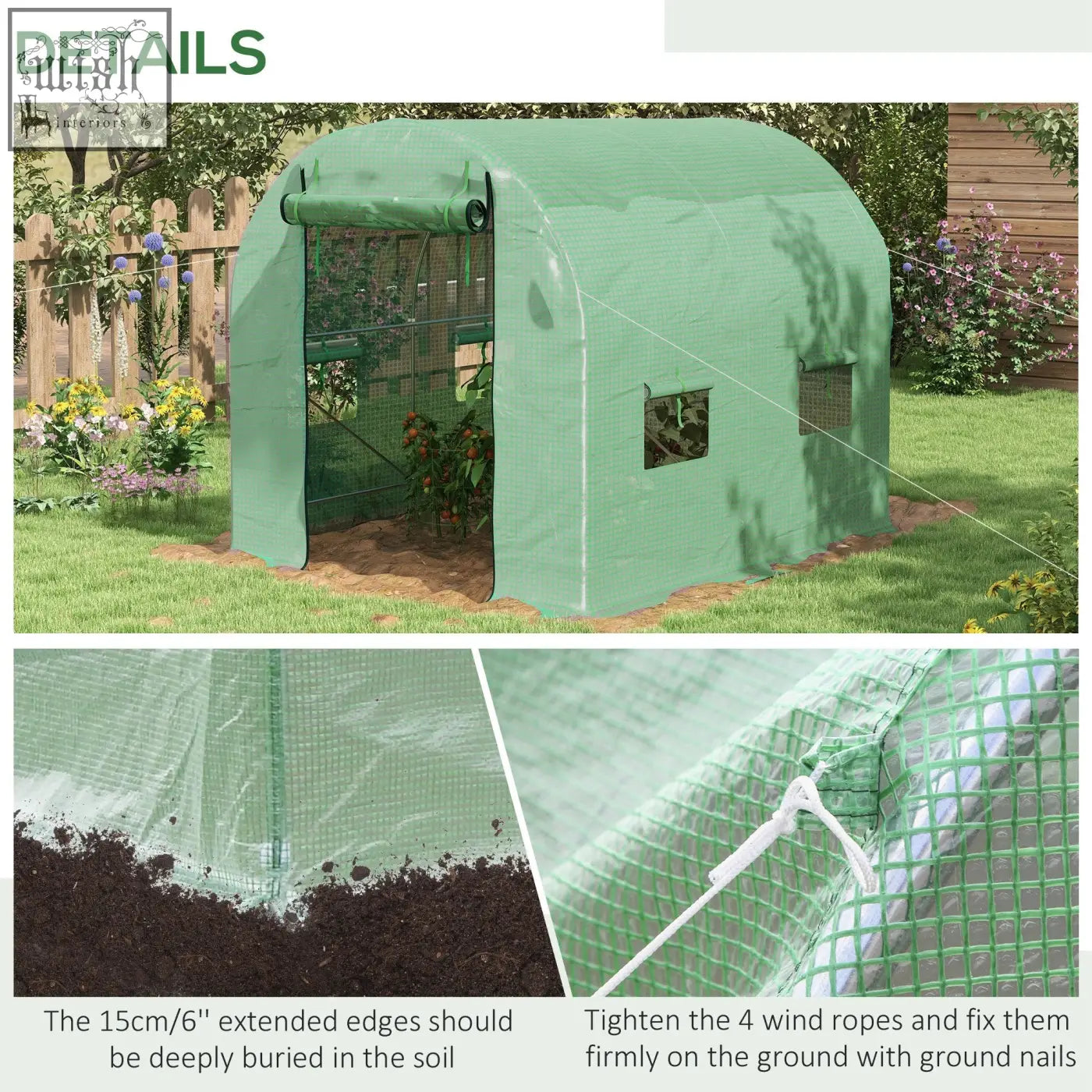 Green outsunny walk-in garden polytunnel greenhouse with steel frame mesh windows reinforced edges and large roll-up door