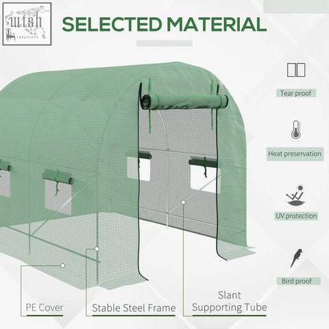 Green pe cover garden polytunnel greenhouse with stable steel frame slant tubes and large roll-up door