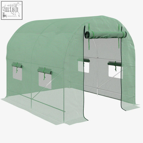 Green translucent walk-in garden polytunnel greenhouse with steel frame large roll-up door and arched roof