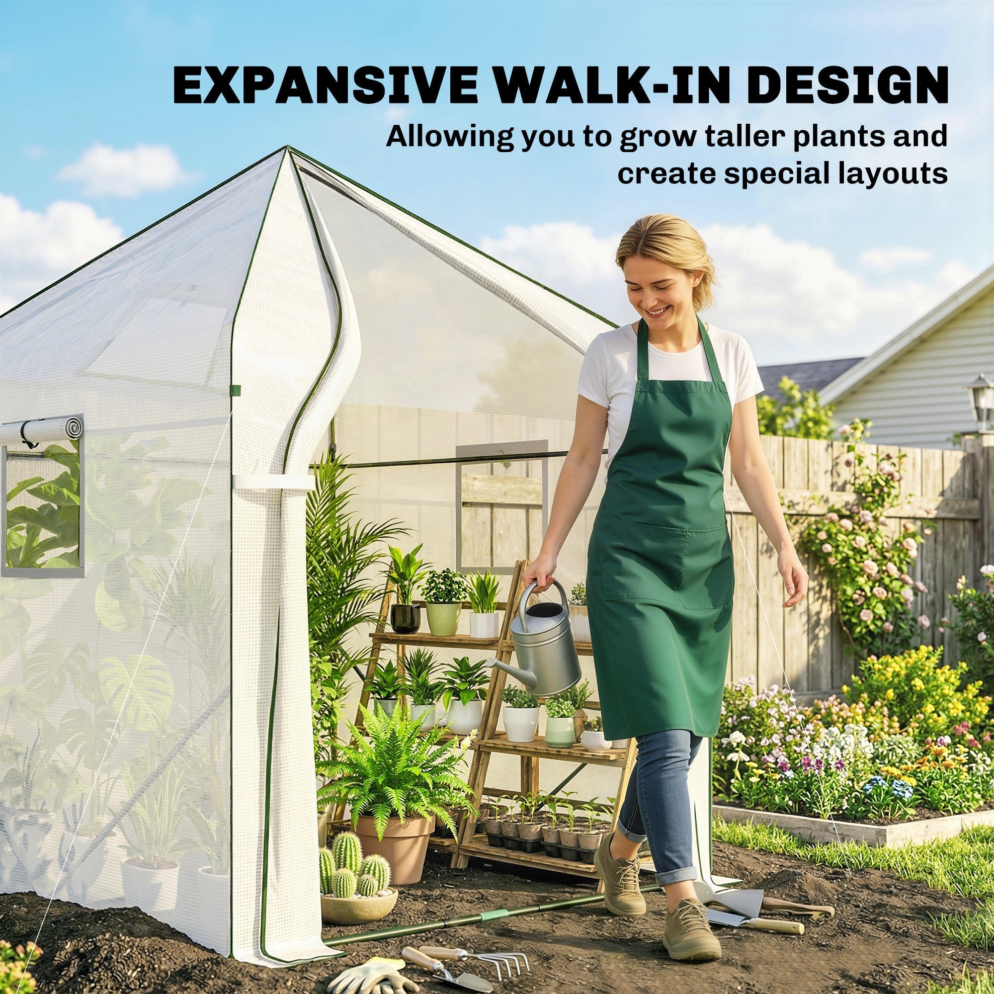 Outsunny walk-in greenhouse with white cover green trim reinforced steel frame and large roll-up door outdoors