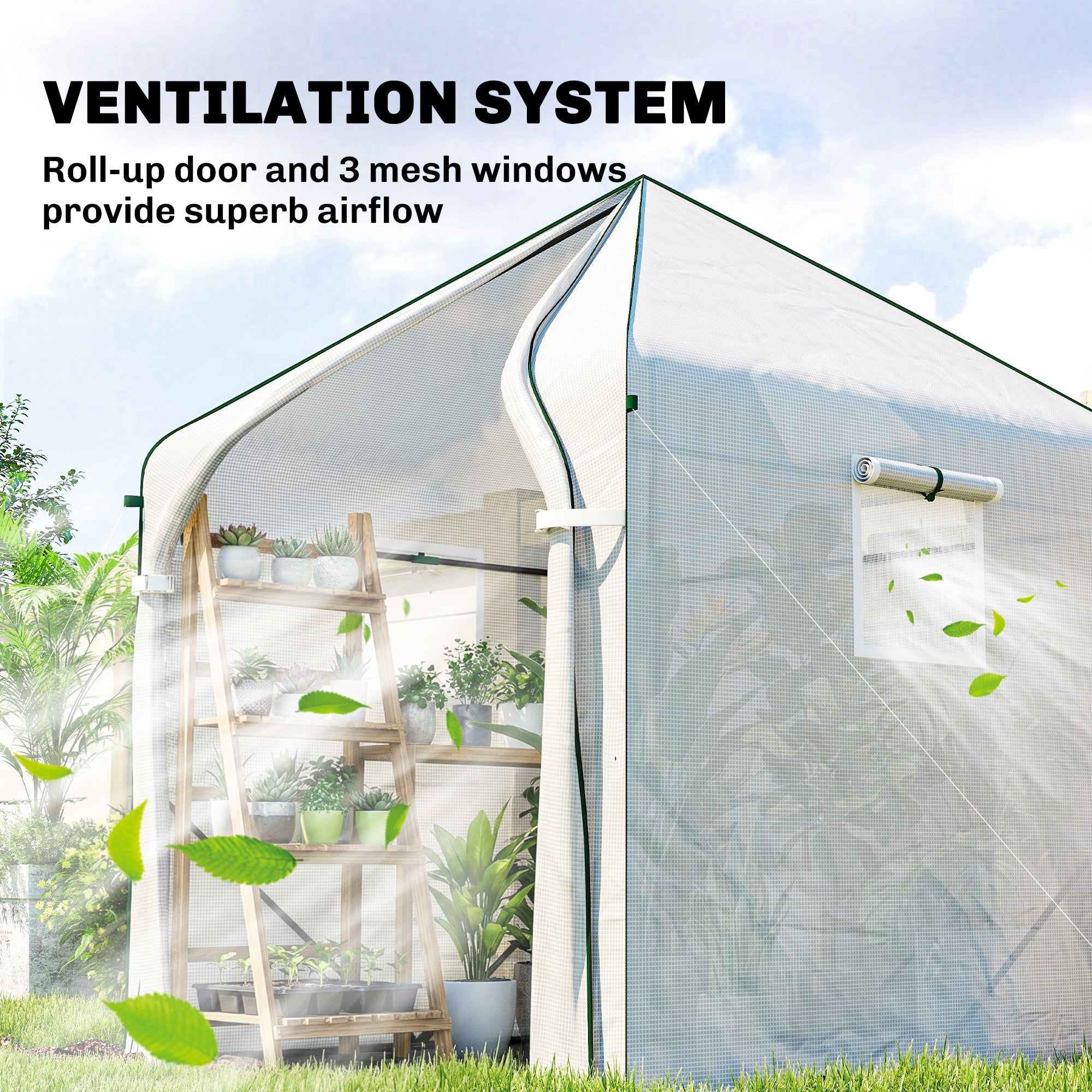 Outsunny walk-in greenhouse with reinforced steel frame, green trim, large roll-up door, and mesh windows outdoors