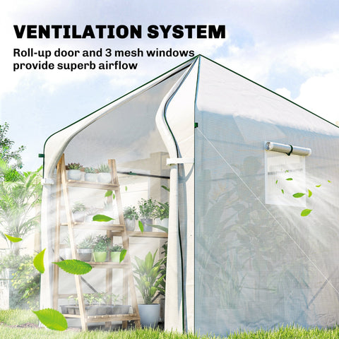 Outsunny walk-in greenhouse with reinforced steel frame, green trim, large roll-up door, and mesh windows outdoors