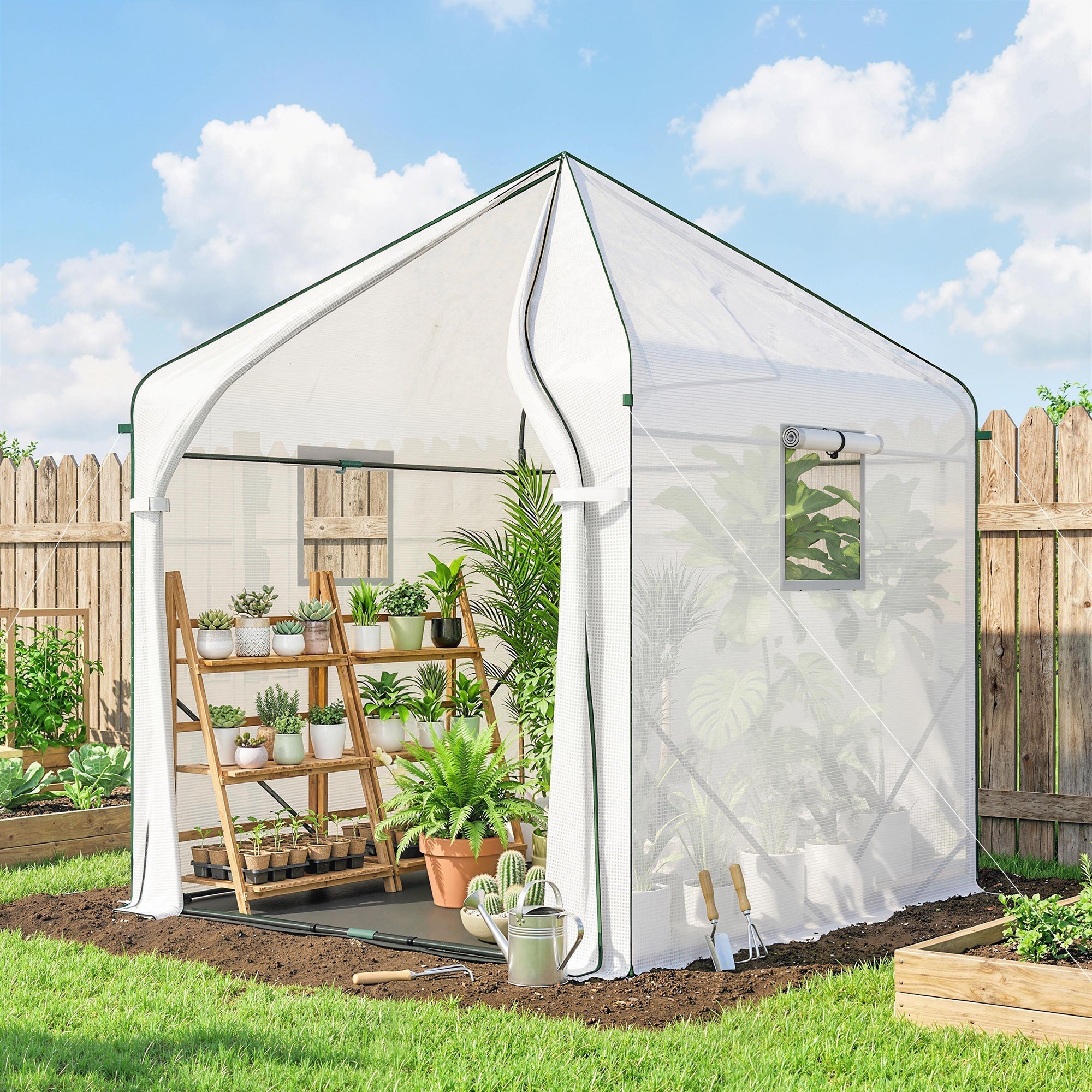 White outsunny walk-in greenhouse with transparent panels green trim reinforced steel frame and large roll-up door