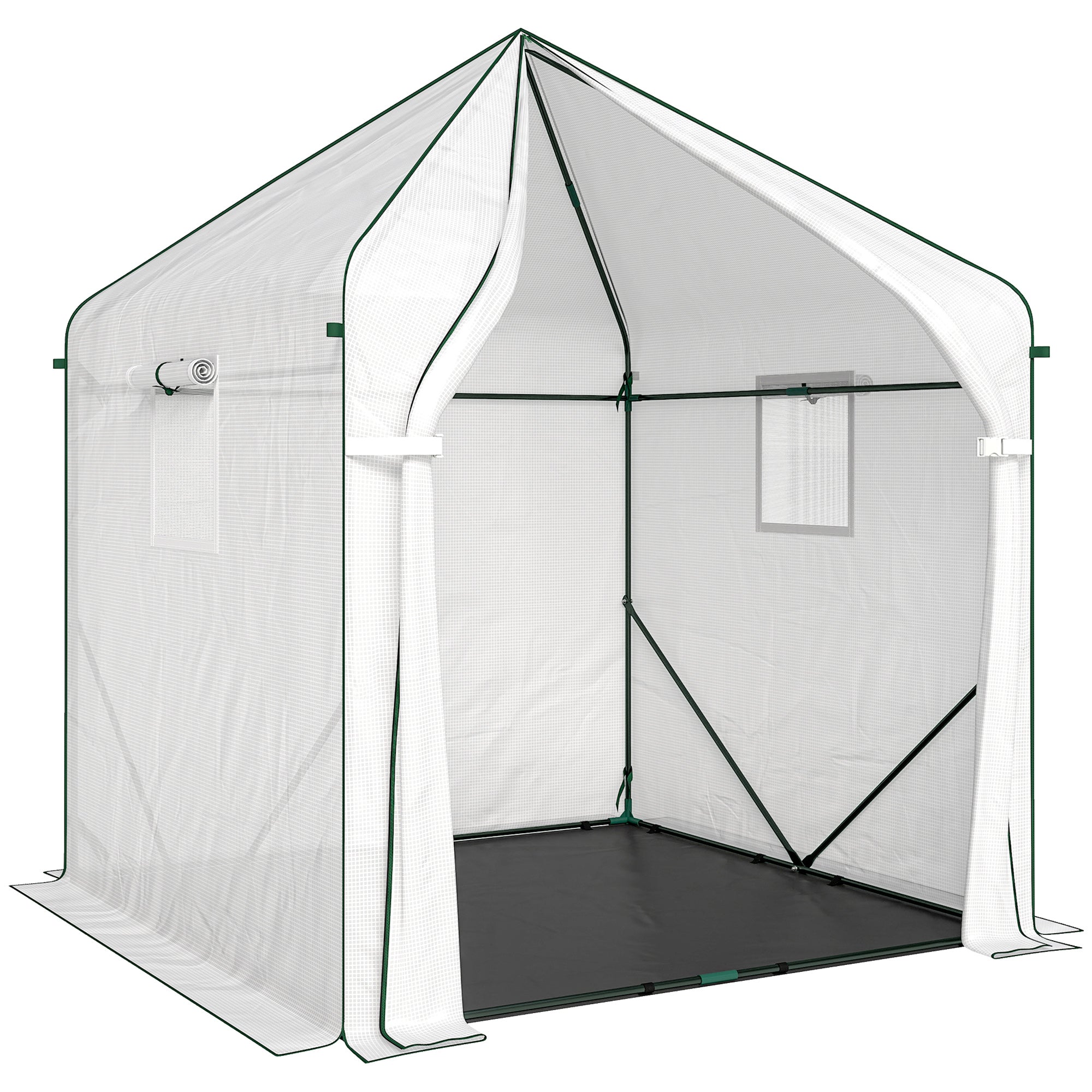 White outsunny walk-in greenhouse with reinforced steel frame green trim and large roll-up door for outdoor plants