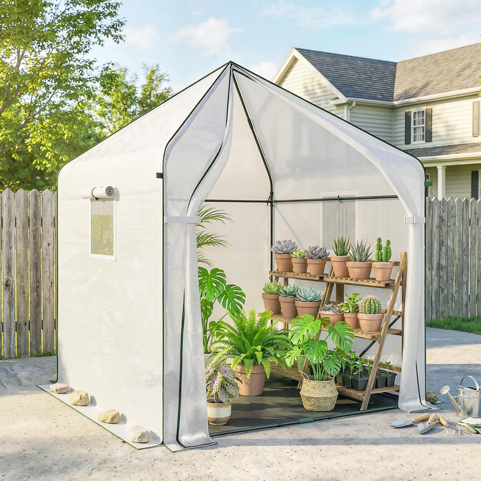 White Outsunny walk-in greenhouse with reinforced steel frame, transparent mesh walls, large roll-up door, and potted plants inside