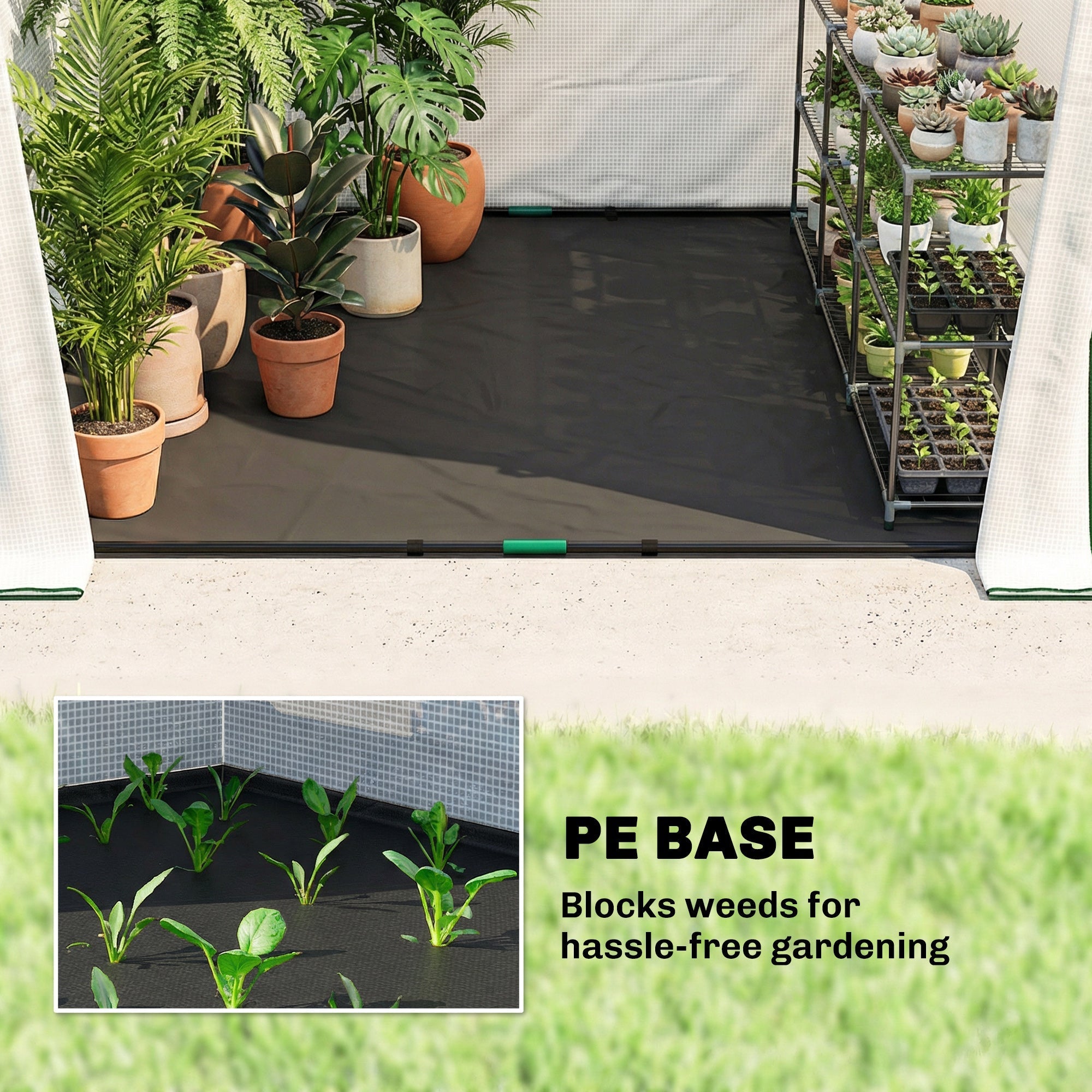 Black pe base garden mat with green trim for weed blocking in outsunny greenhouse with steel frame and large roll-up door