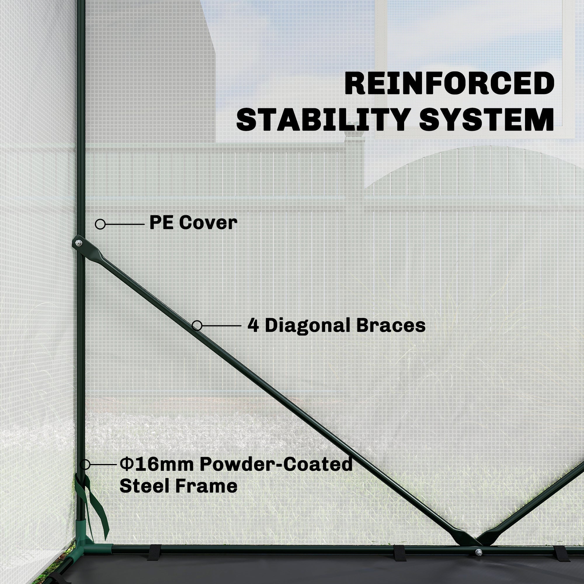 Outsunny walk-in greenhouse with a green reinforced steel frame, diagonal braces, and a large roll-up door for outdoors