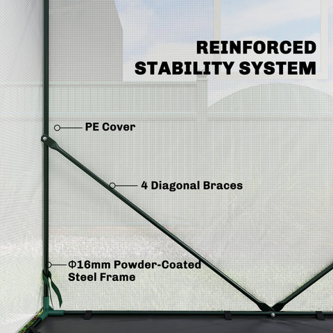 Outsunny walk-in greenhouse with a green reinforced steel frame, diagonal braces, and a large roll-up door for outdoors