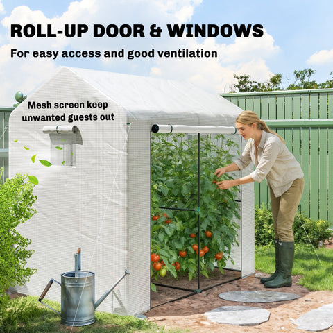 Outsunny walk-in greenhouse with white pe cover, roll-up door, mesh windows, four guy ropes, and ground stakes included