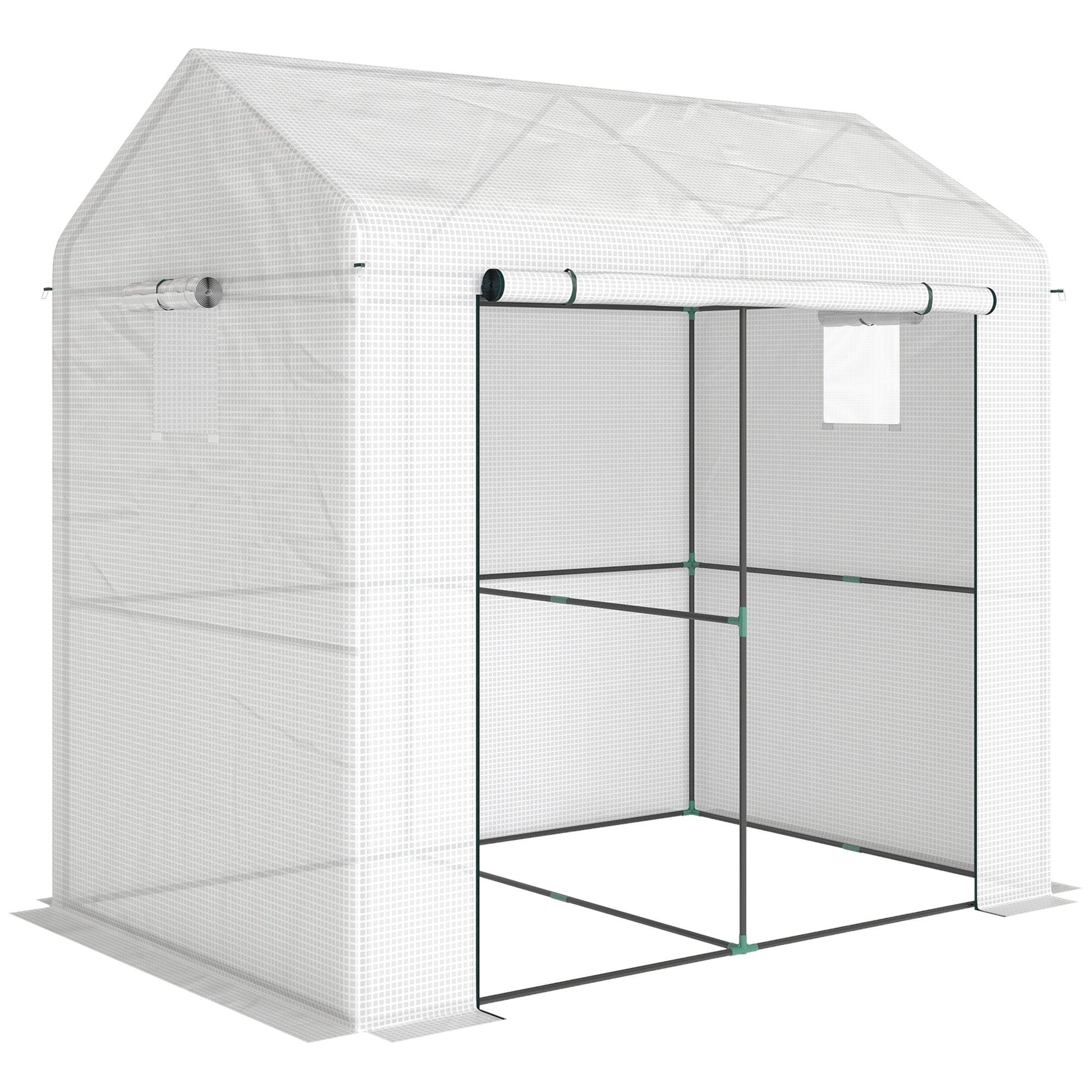 White mesh outsunny walk-in greenhouse with black metal frame roll-up door and ground stakes included for stability