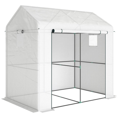 White mesh outsunny walk-in greenhouse with black metal frame roll-up door and ground stakes included for stability