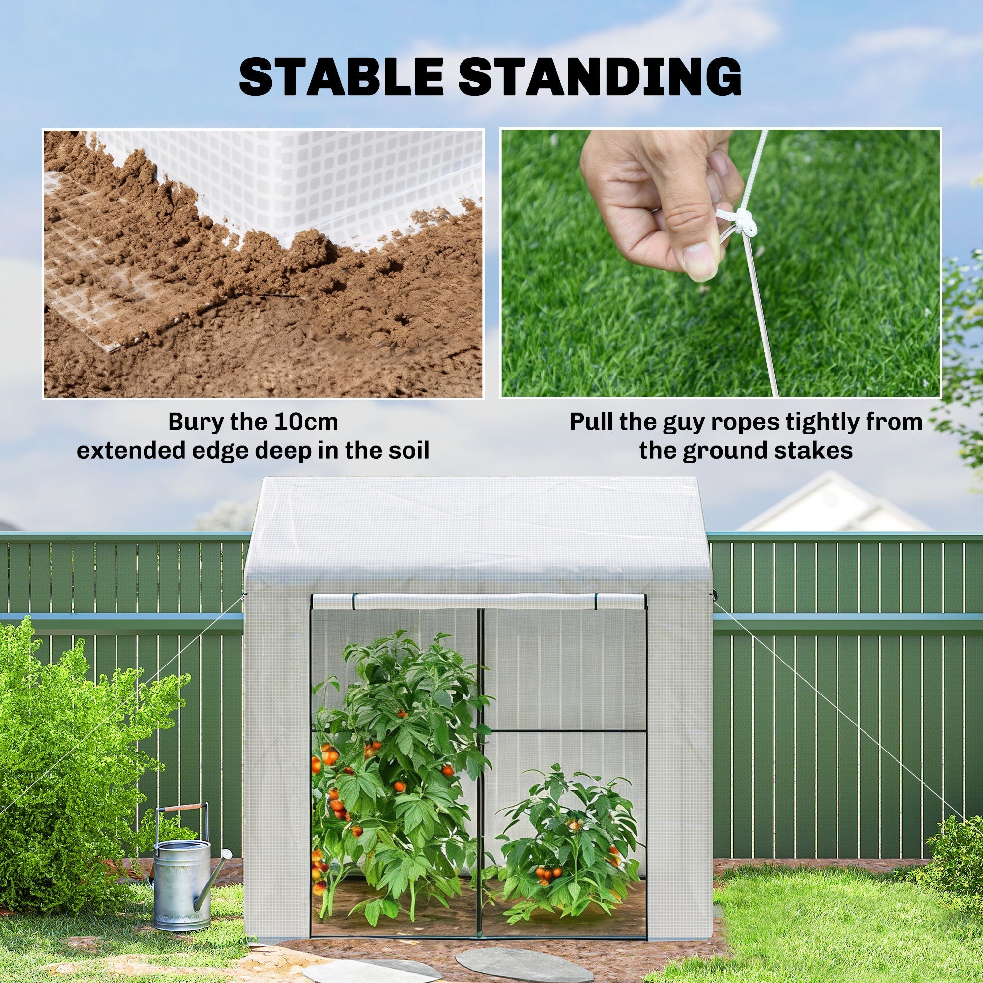 White plastic outsunny walk-in greenhouse with pe cover mesh windows and four guy ropes and ground stakes included