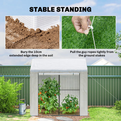 White plastic outsunny walk-in greenhouse with pe cover mesh windows and four guy ropes and ground stakes included