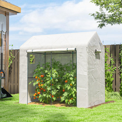 White fabric outsunny walk-in greenhouse with black metal frame housing tomatoes includes four guy ropes and ground stakes