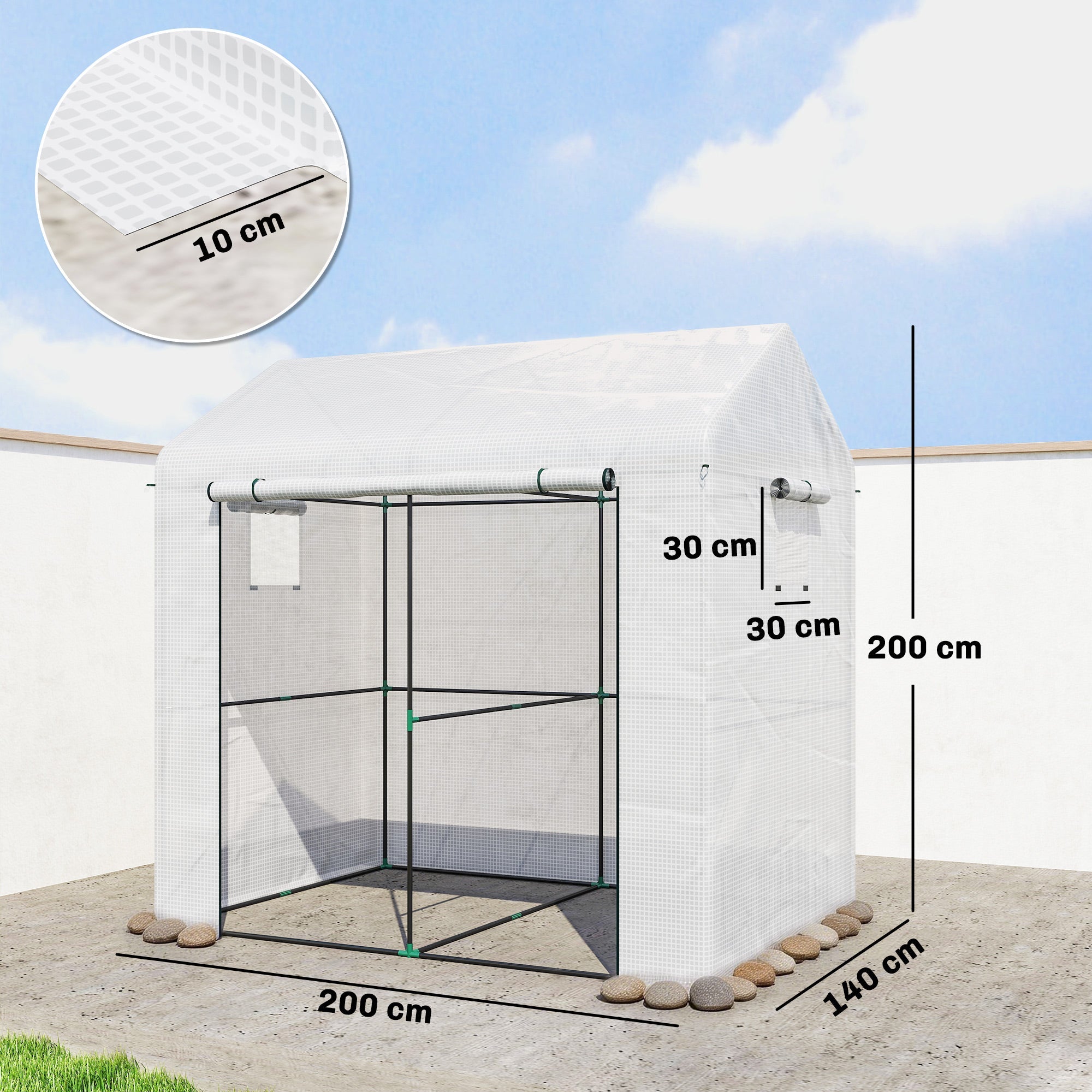 Outsunny walk-in greenhouse with white mesh, black metal frame, green joints, roll-up door, ground stakes included