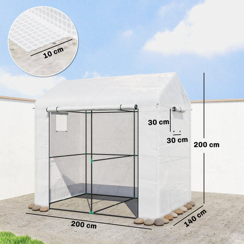 Outsunny walk-in greenhouse with white mesh, black metal frame, green joints, roll-up door, ground stakes included