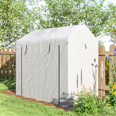 Outsunny white mesh walk-in greenhouse with green poles, zipper closures, ground stakes included, and four guy ropes