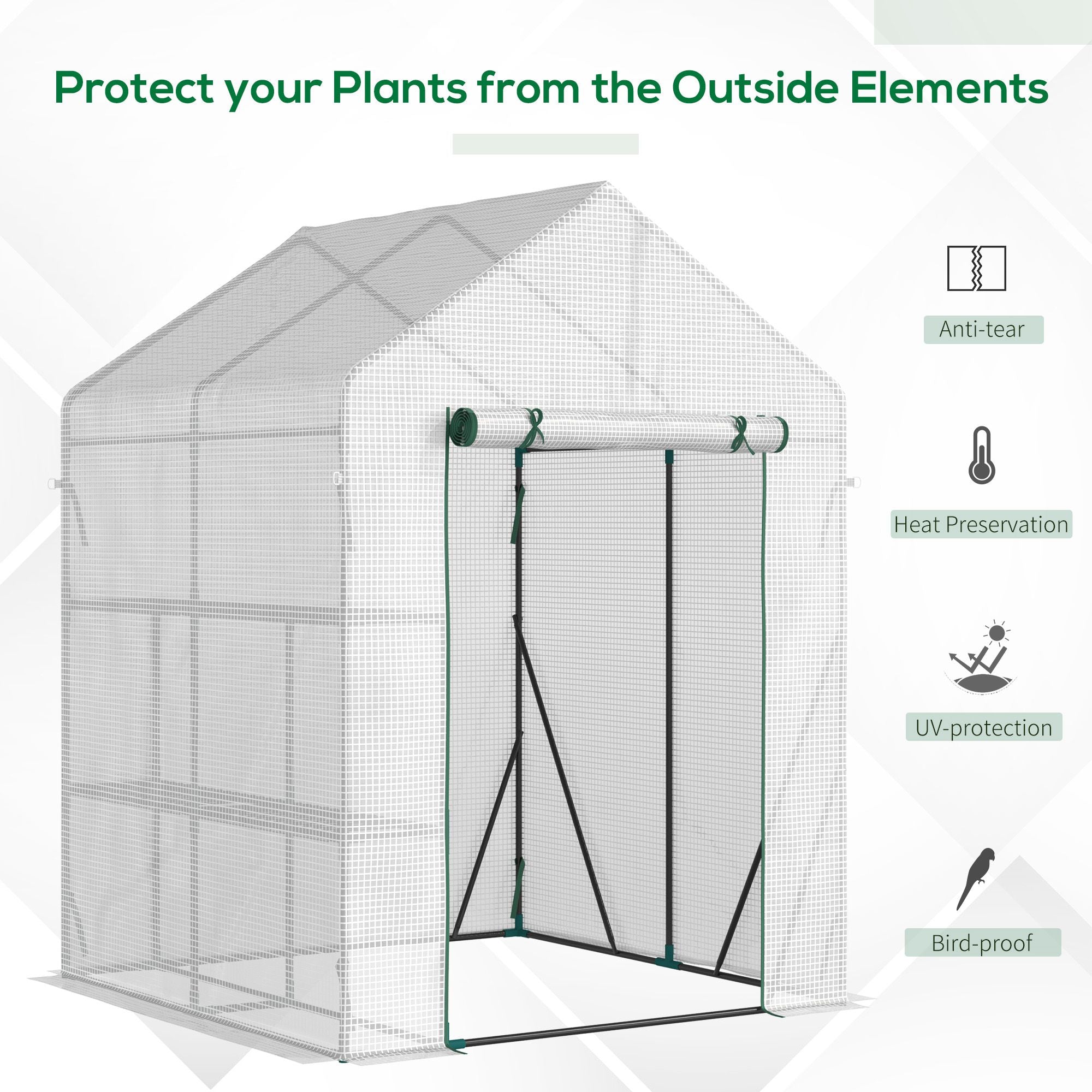 Outsunny walk in greenhouse with white mesh, green trim, roll-up door, and reinforced pe cover for plant protection