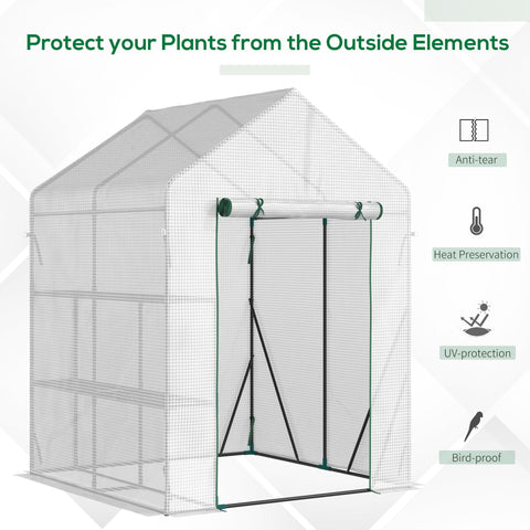 Outsunny walk in greenhouse with white mesh, green trim, roll-up door, and reinforced pe cover for plant protection