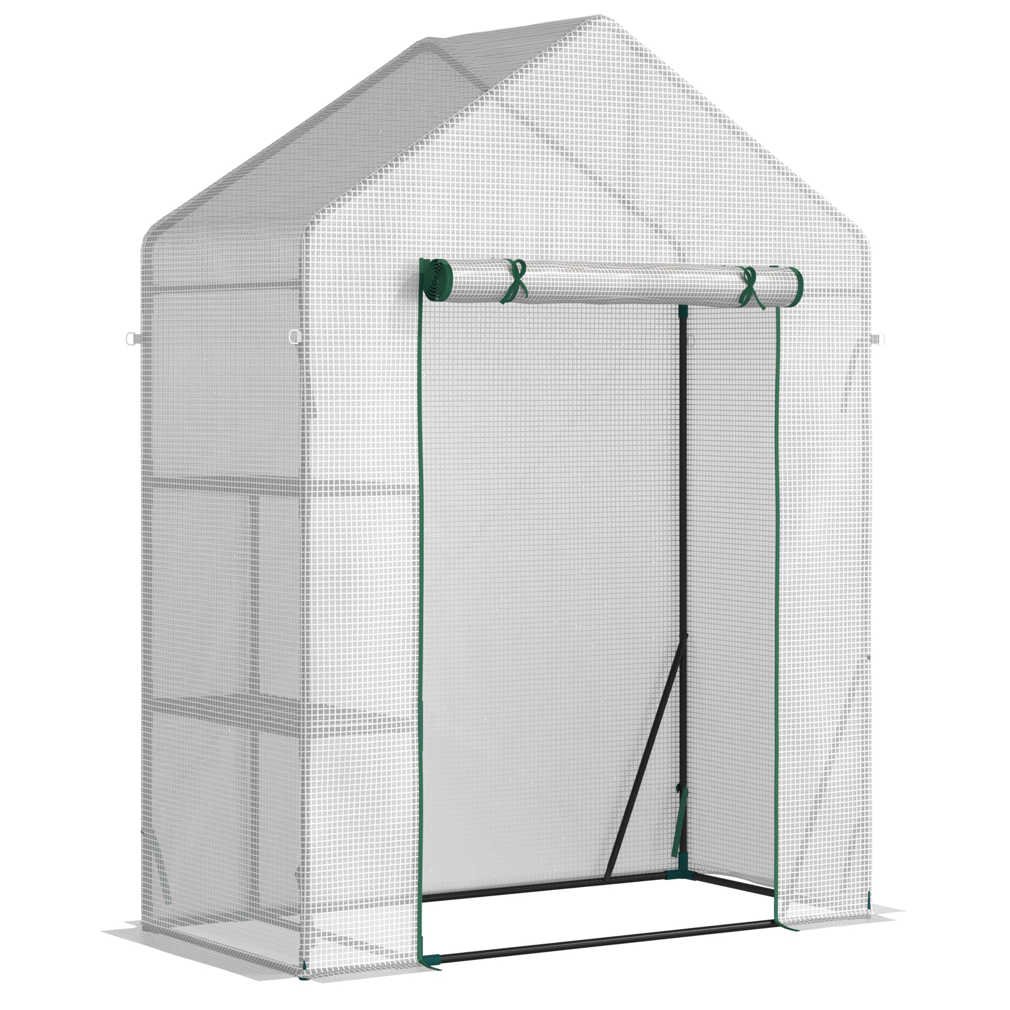 White mesh outsunny walk in greenhouse with green trim and roll-up door for portable gardening and plant growing