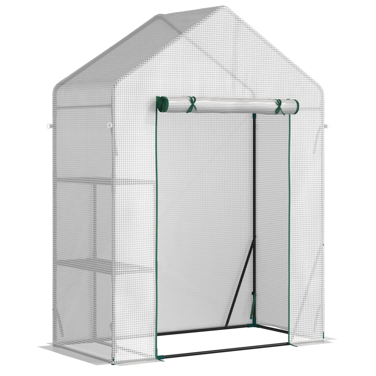 White mesh outsunny walk in greenhouse with green trim and roll-up door for portable gardening and plant growing