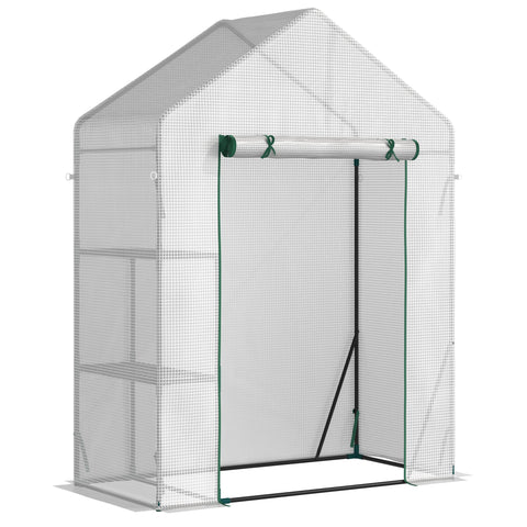 White mesh outsunny walk in greenhouse with green trim and roll-up door for portable gardening and plant growing