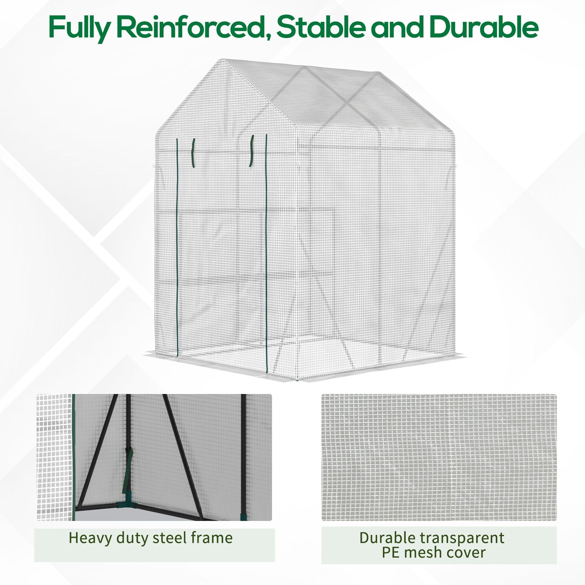 Outsunny walk in greenhouse with heavy-duty steel frame, transparent pe mesh cover, and roll-up door in green