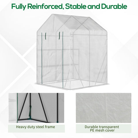 Outsunny walk in greenhouse with heavy-duty steel frame, transparent pe mesh cover, and roll-up door in green