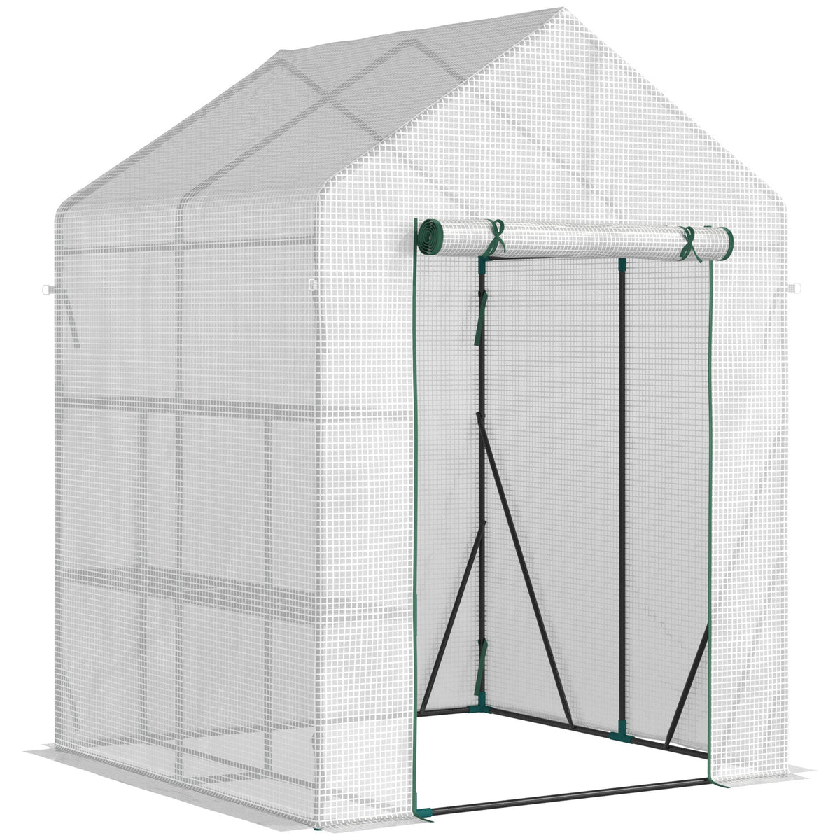 White mesh outsunny walk in greenhouse with green trim black poles and roll up zip door for plants