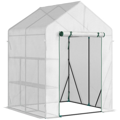 White mesh outsunny walk in greenhouse with green trim black poles and roll up zip door for plants